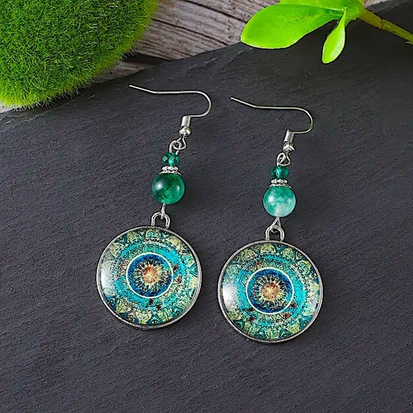 Bohemian Blue Mandala Dangle Earrings Silver Handmade Beaded Hook - Picture 3 of 10